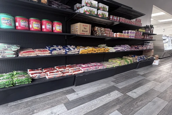 Grocery aisle in the halal market at Mashawi Market & Grill on Memorial Drive, Calgary